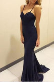 Strapless Dark Navy Spaghetti Straps Mermaid Long Dress Evening Gown