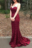 Burgundy Strapless Sweetheart Mermaid Lace Prom Dress
