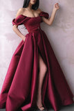 Burgundy Off Shoulder Thigh-high Slit Prom Dress with Pockets