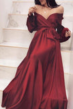 Burgundy Off Shoulder Long Sleeve A-Line Prom Dress