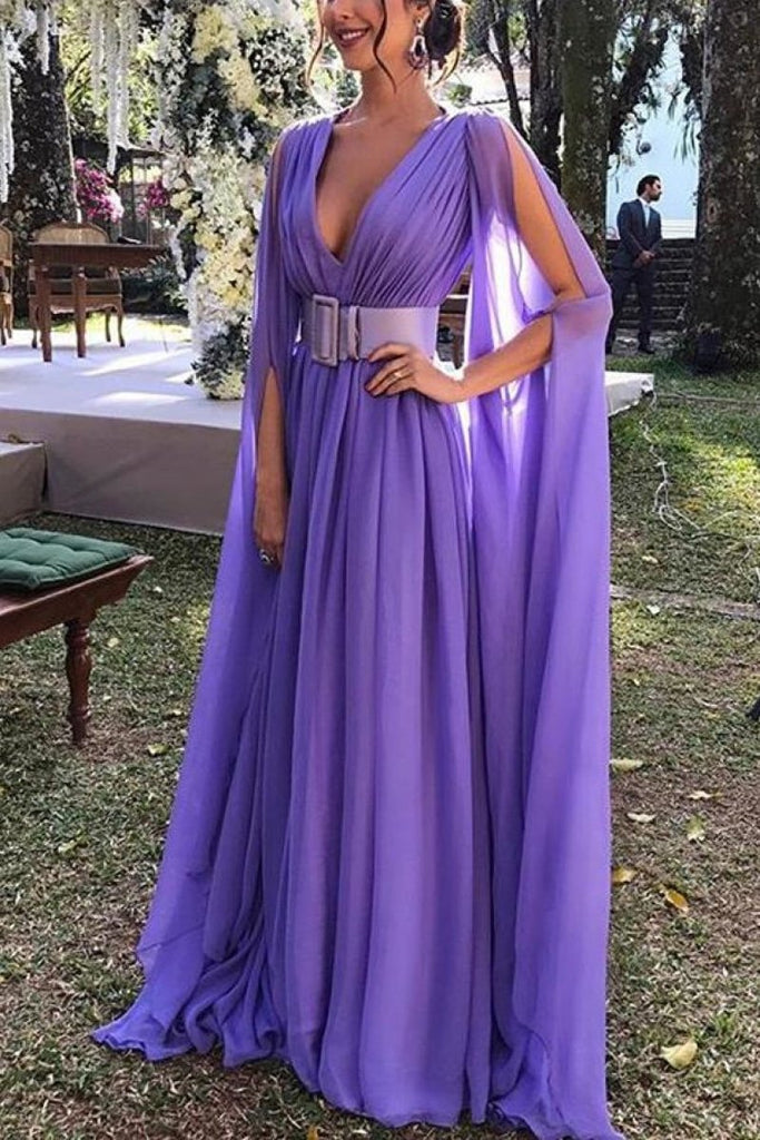 Regency Deep V-Neck A-Line Belt Ruffled Party Prom Dress Dresses