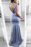 Sexy Light Sky Blue Deep V-Neck Mermaid Ruffled Sleeveless Prom Dress Dresses
