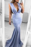 Sexy Light Sky Blue Deep V-Neck Mermaid Ruffled Sleeveless Prom Dress
