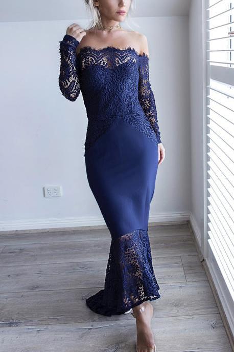 Dark Navy Off Shoulder Mermaid Lace Prom Dress