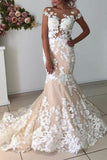 Vintage Mermaid Applique Cap Sleeves Bridal Wedding Dress