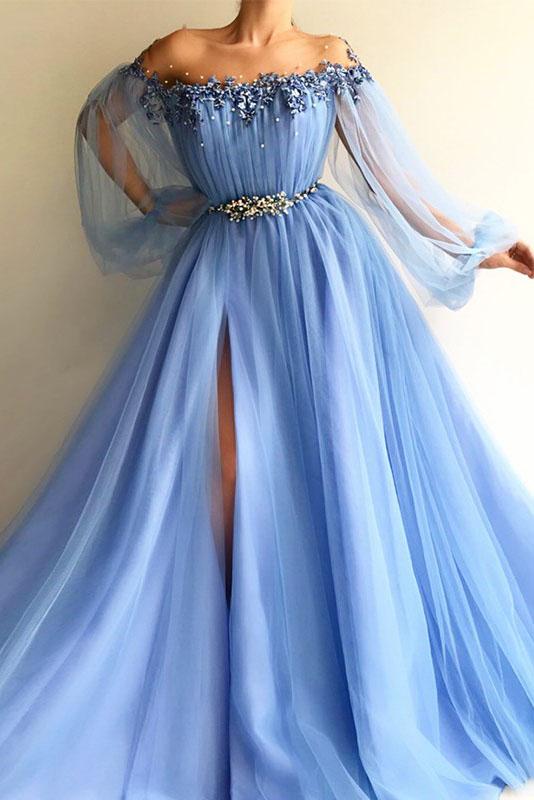 Light Sky Blue High Slit Long Sleeves Off Shoulder Evening Dress