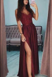 Burgundy A-Line V-neck Lace Long Prom Dress, evening gown with the spaghetti straps.