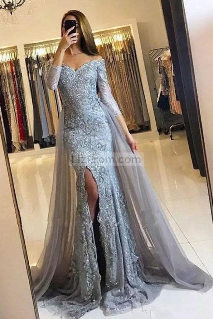 Black Mermaid Long Sleeves Beaded Off Shoulder Slit Lace Prom Dress Dresses