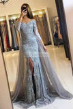 Black Mermaid Long Sleeves Beaded Off Shoulder Slit Lace Prom Dress Dresses