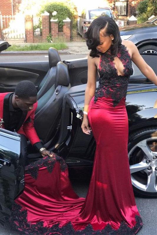 Dark Red  Cut Out Sleeveless Applique Mermaid Long Prom Gown