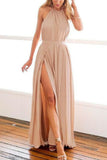 A-Line Pleated Halter Sleeveless Open Back Long Evening Dress Dresses