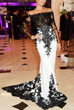 Black And White Mermaid Off Shoulder Long Sleeves Applique Dress