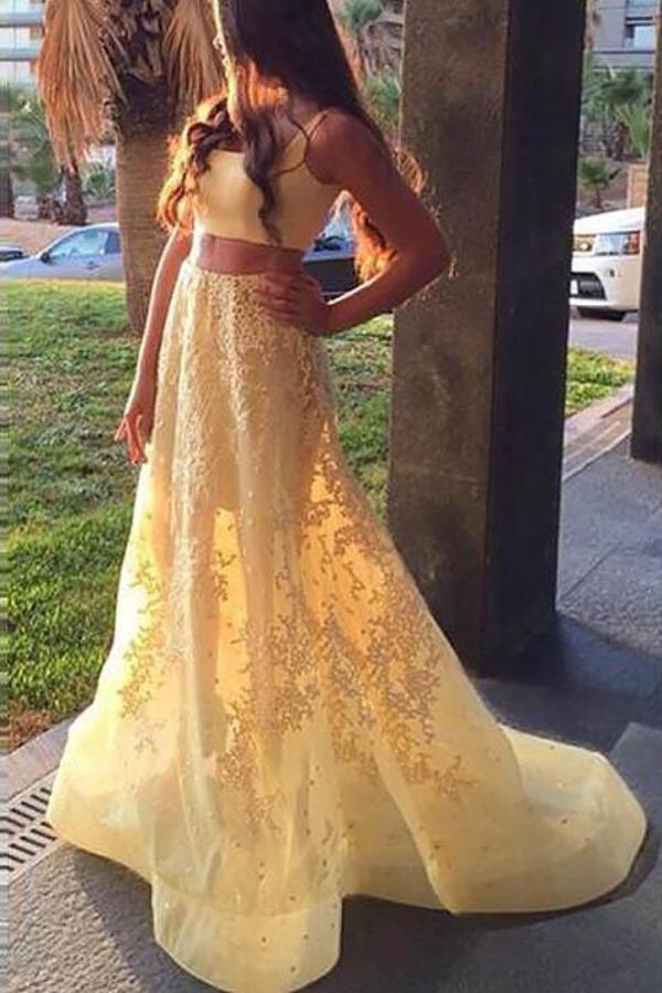 Yellow Applique Lace Square Neck Two-Piece Evening Dress