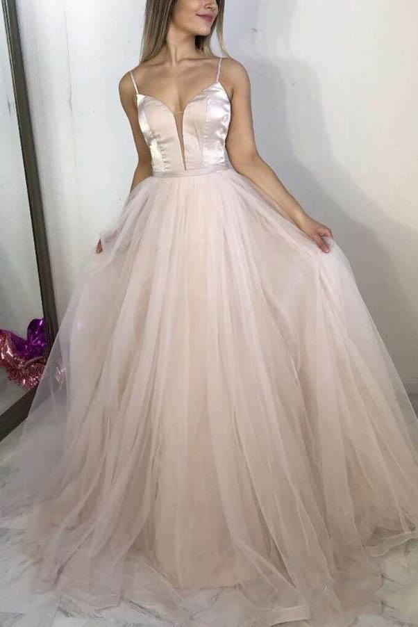 Champagne Spaghetti Straps Sleeveless Formal Evening Princess Dress