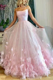 Pink 3D Flower Spaghetti Straps Prom Gown Princess Dress
