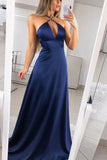 Dark Navy Halter A-line Sleeveless Long Prom Dress