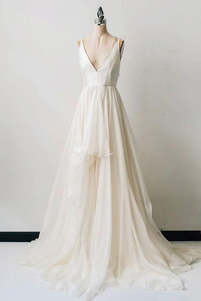 Elegant Ivory A-line Deep V-neck Princess Gown Wedding Dress
