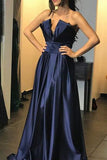 Dark Navy Strapless V-neck Prom Gown Evening Dress