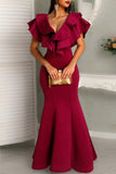 Burgundy Chic Cap Sleeves Ruffled Mermaid Prom Dress