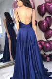 Navy Blue Spaghetti Straps Open Back Sleeveless A-line Prom Evening Dress