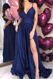 Navy Blue Spaghetti Straps Sexy A-line Prom Evening Dress