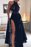 Sexy Black High Slit Halter Lace Prom Dress
