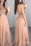 A-line Spaghetti Straps Low V-neck Sequined Prom Dress