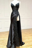 Black High Slit Spaghetti Straps Sexy Prom Evening Dress