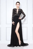 Black Lace Sexy Thigh-high Slit Long Sleeves Evening Dress