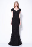 Black Beaded Mermaid Cap Sleeves Lace Prom Dress