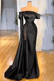 Black Off-the-shoulder One-sleeve Beaded Evening Dress