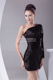 Black One Sleeve Satin Beaded Prom Short Dress