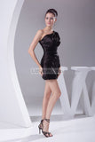 Black One Sleeve Satin Beaded Prom Short Dress