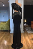 Black Sparkly One-shoulder Cut Out Long Sleeves Dress