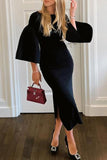 Black Fitted Long Sleeves Party Midi Dress