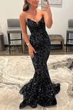 Black Strapless Sequined Mermaid Sparkly Prom Dress