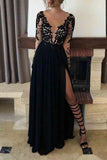 Black Thigh-high Slit V-neck Appliques Long Sleeves Dress