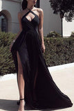 Black Sexy Halter Cut Out Thigh-high Slit Prom Dress