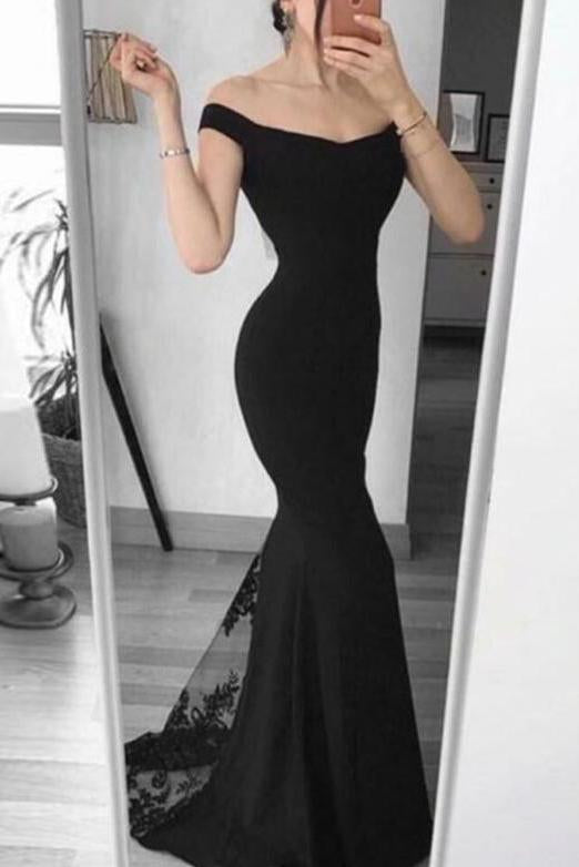 Black Off-the-shoulder Appliques Mermaid Evening Prom Dress