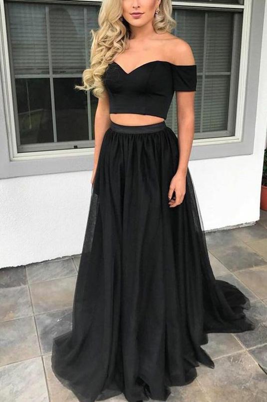 Black Two Piece Off-the-shoulder Prom Dress