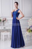 Blue One Shoulder A-line Beaded Prom Dress