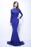 Royal Blue Mermaid Long Sleeves Backless Prom Dress