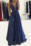 Dark Navy Deep V-neck Backless Taffeta Prom Dress