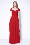 Dark Red A-line Cap Sleeves Ruffled Prom Bridesmaid Dress