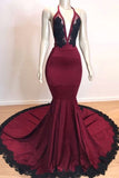 Burgundy Applique Plunging Mermaid Formal Dress