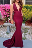 Burgundy Sexy Mermaid Deep V-Neck Prom Dress