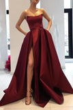 Burgundy Sexy Strapless Thigh-high Slit Ball Gown