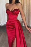 Strapless Burgundy Thigh-high Slit Corset Prom Dress