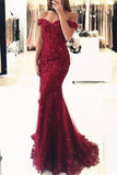 Burgundy Off-the-Shoulder Mermaid Lace Beaded Prom Dress