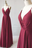 Burgundy Ruffled Deep V-neck Spaghetti Straps Evening Dress